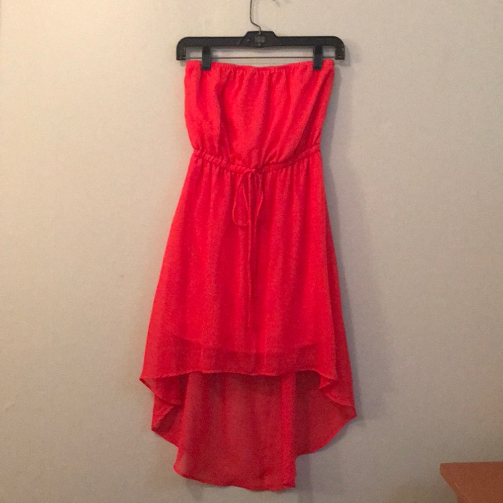 Hot Coral Chiffon Strapless High-Low Dress